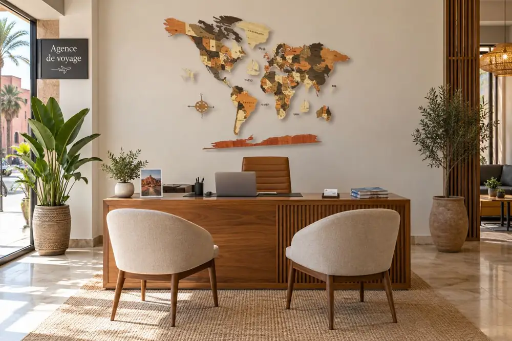 Carte du monde en bois au mur d'une agence de voyage, derrière le bureau d'accueil
