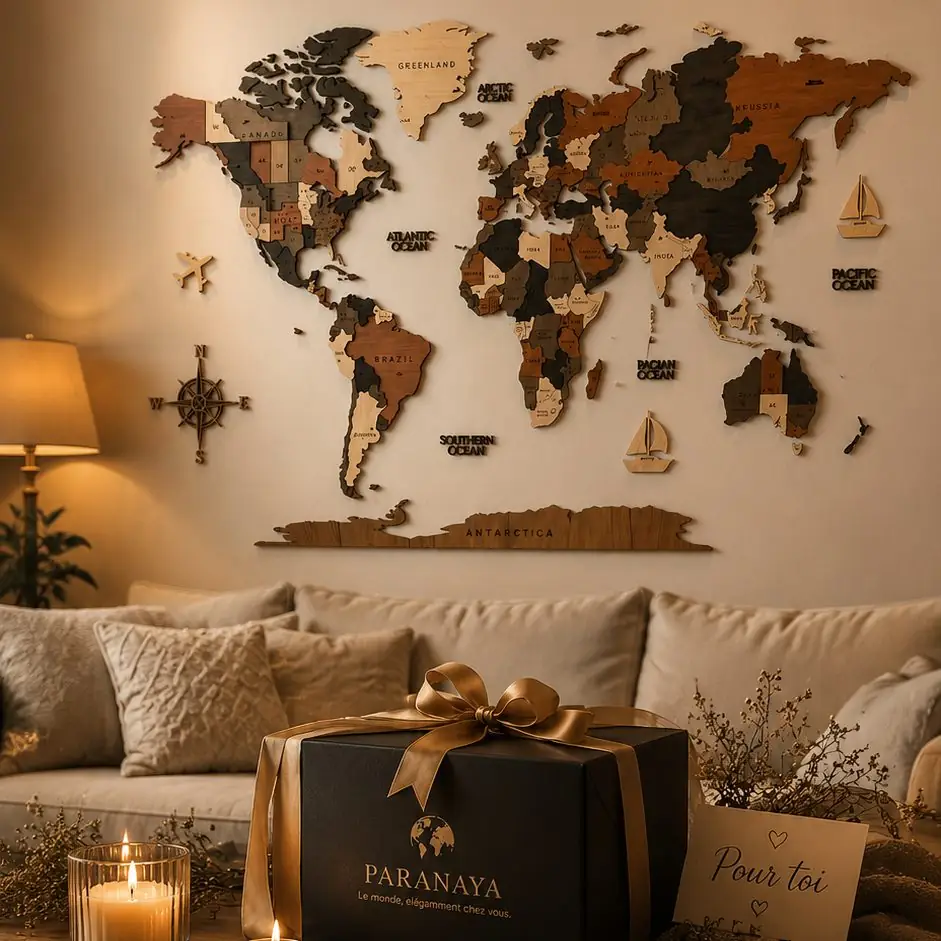 Carte du monde en bois 3D au-dessus d'un canapé dans un salon lumineux