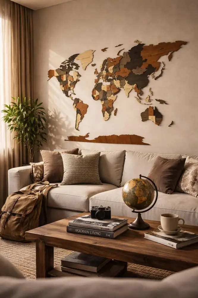 Carte du monde dans un salon chaleureux