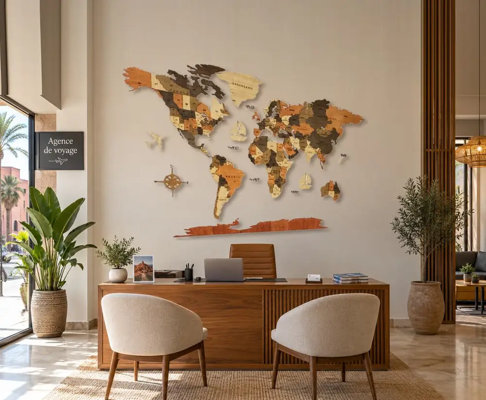 Carte du monde en bois 3D – 200 × 120 cm